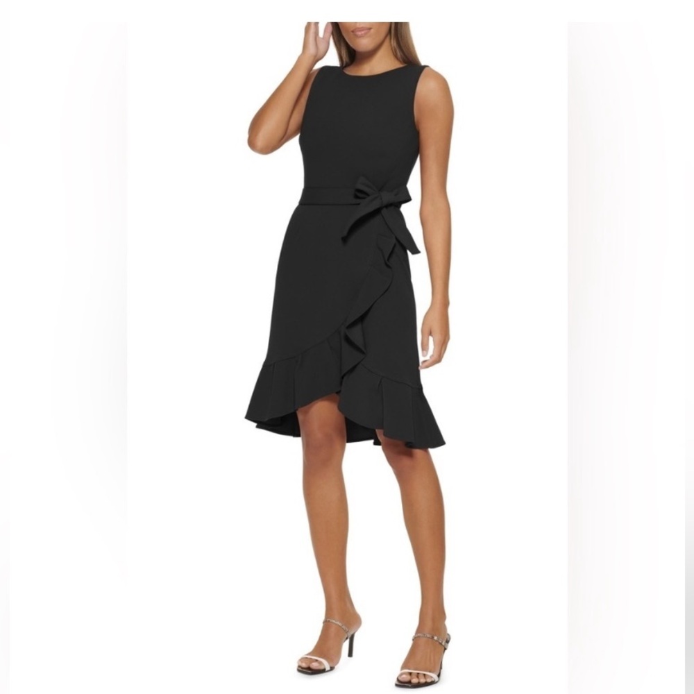 NWT Calvin Klein Ruffle Hem Wrap Style Sleeveless Formal Dress Black Size 2